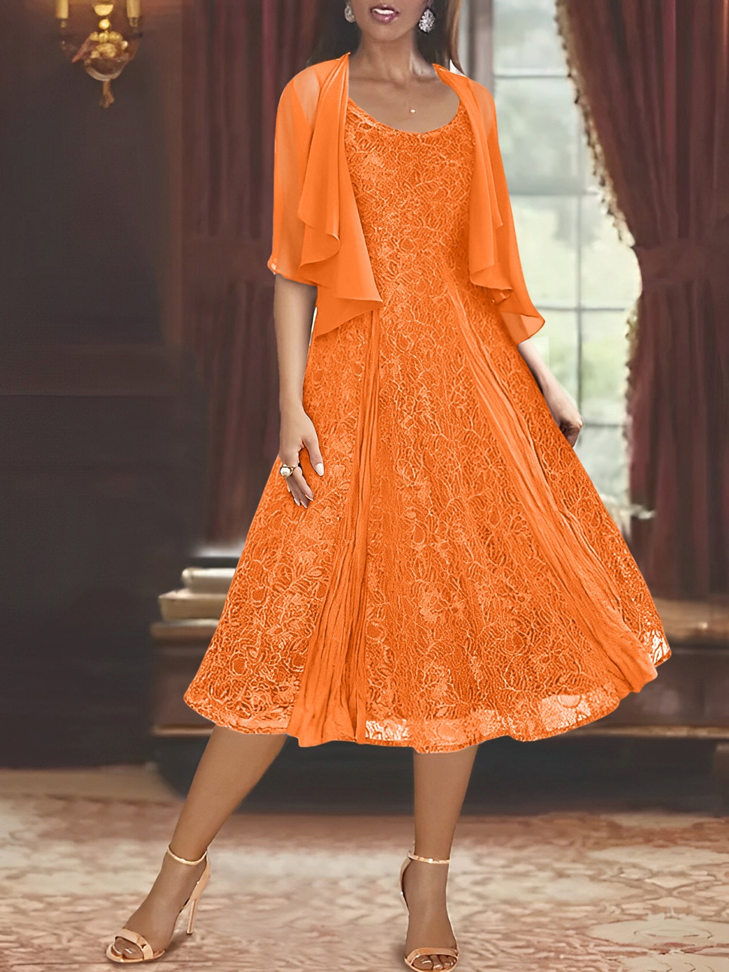 A Line Princess Scoop Half Sleeves Tea Length Mother Of The Bride Dresses With Appliques Wrap