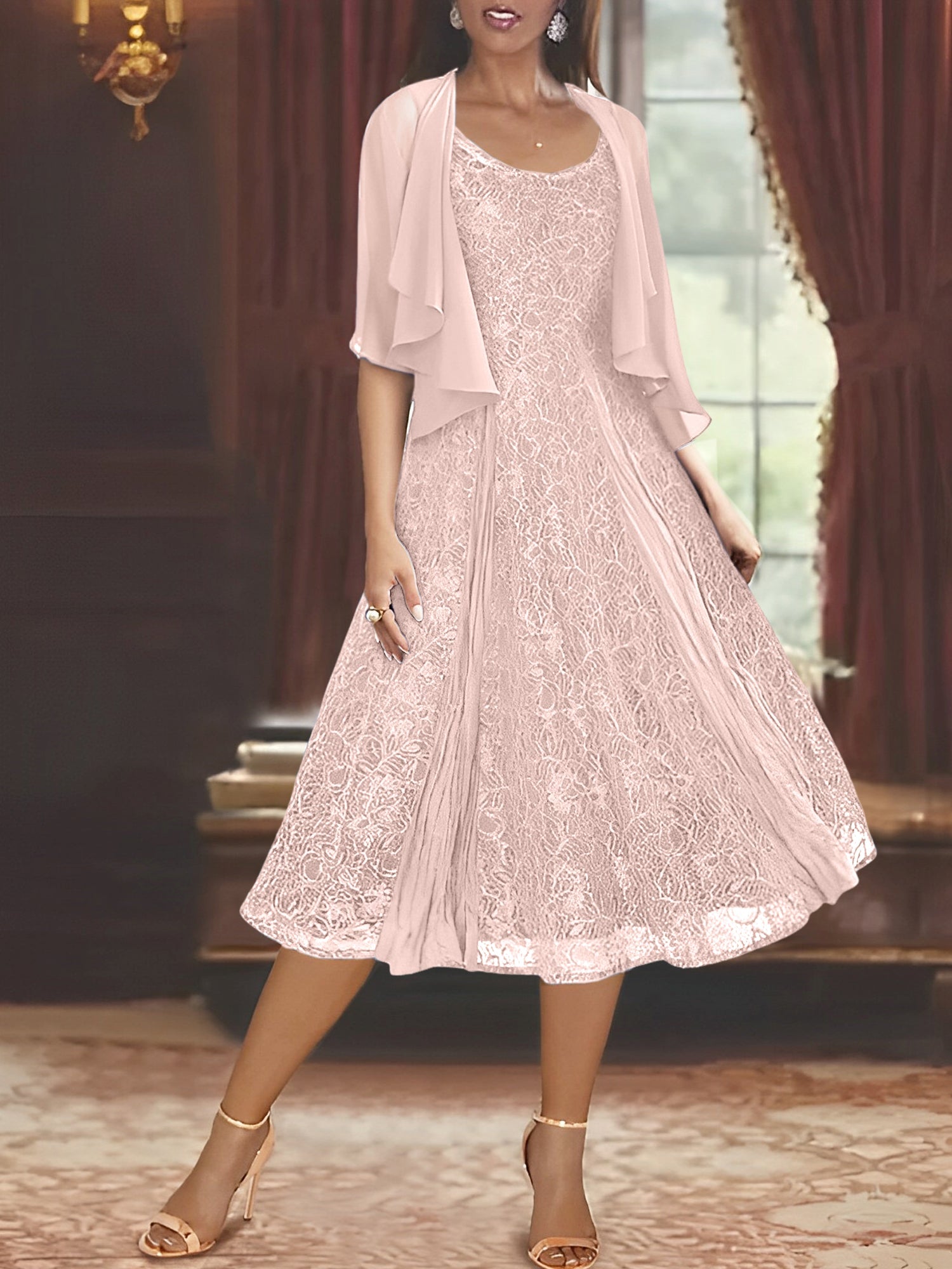 A Line Princess Scoop Half Sleeves Tea Length Mother Of The Bride Dresses With Appliques Wrap