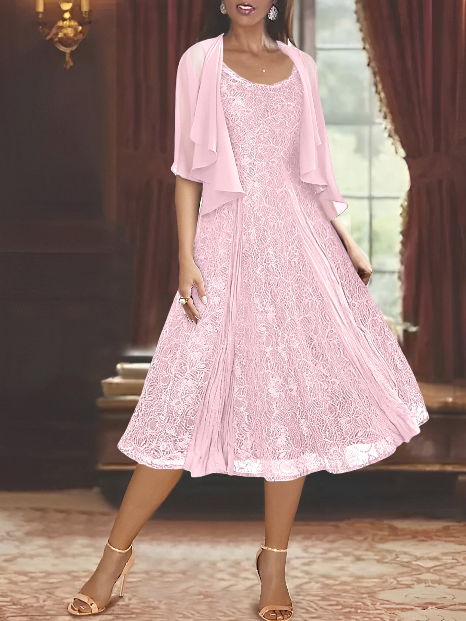 A Line Princess Scoop Half Sleeves Tea Length Mother Of The Bride Dresses With Appliques Wrap