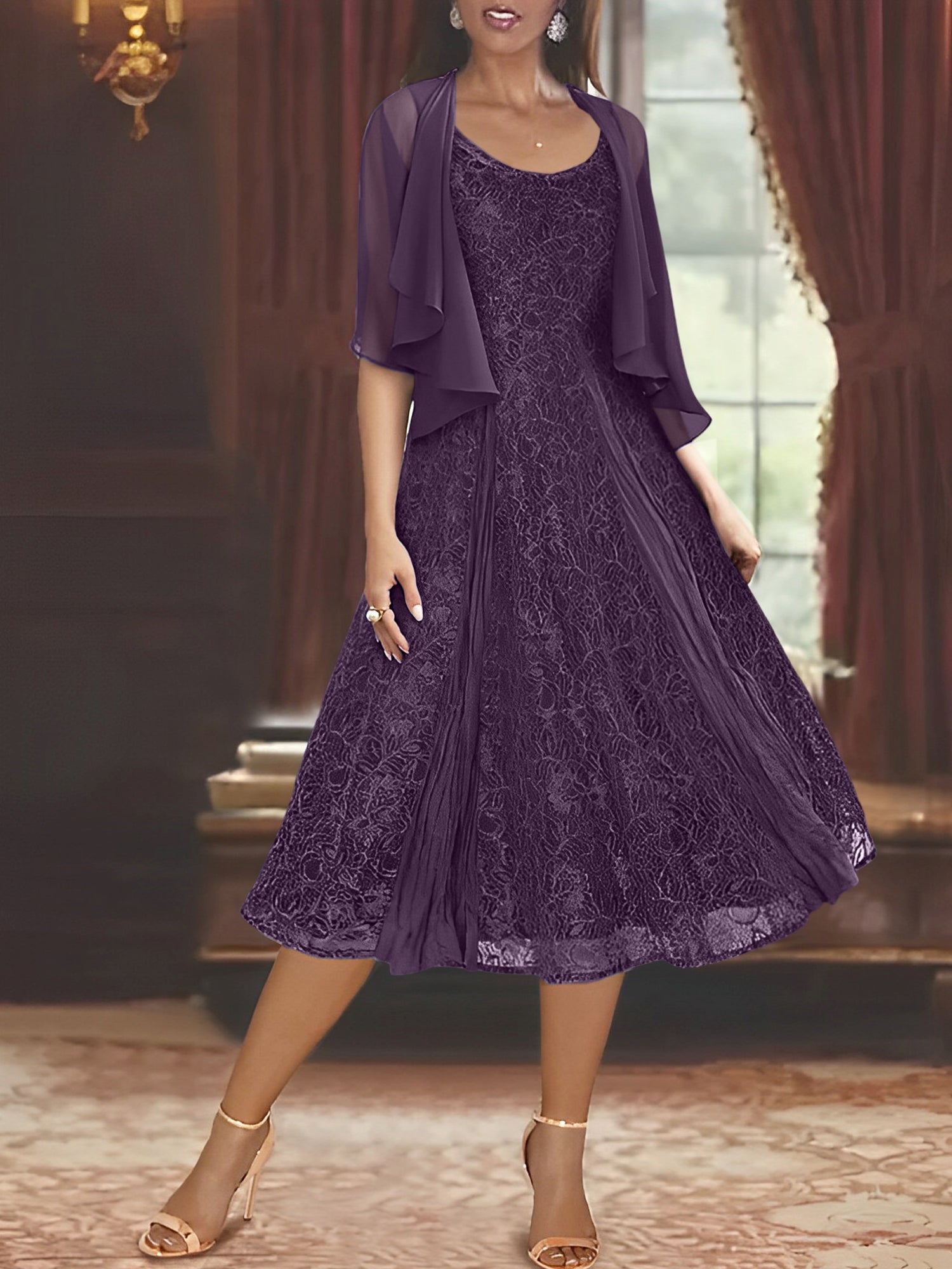 A Line Princess Scoop Half Sleeves Tea Length Mother Of The Bride Dresses With Appliques Wrap