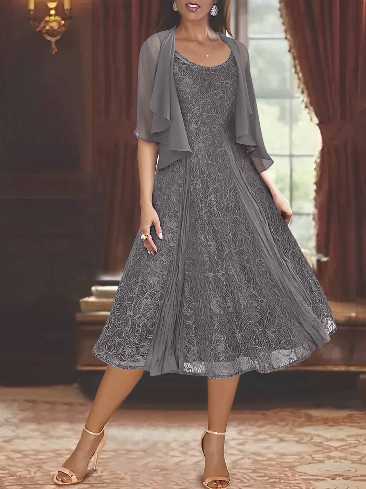 A Line Princess Scoop Half Sleeves Tea Length Mother Of The Bride Dresses With Appliques Wrap