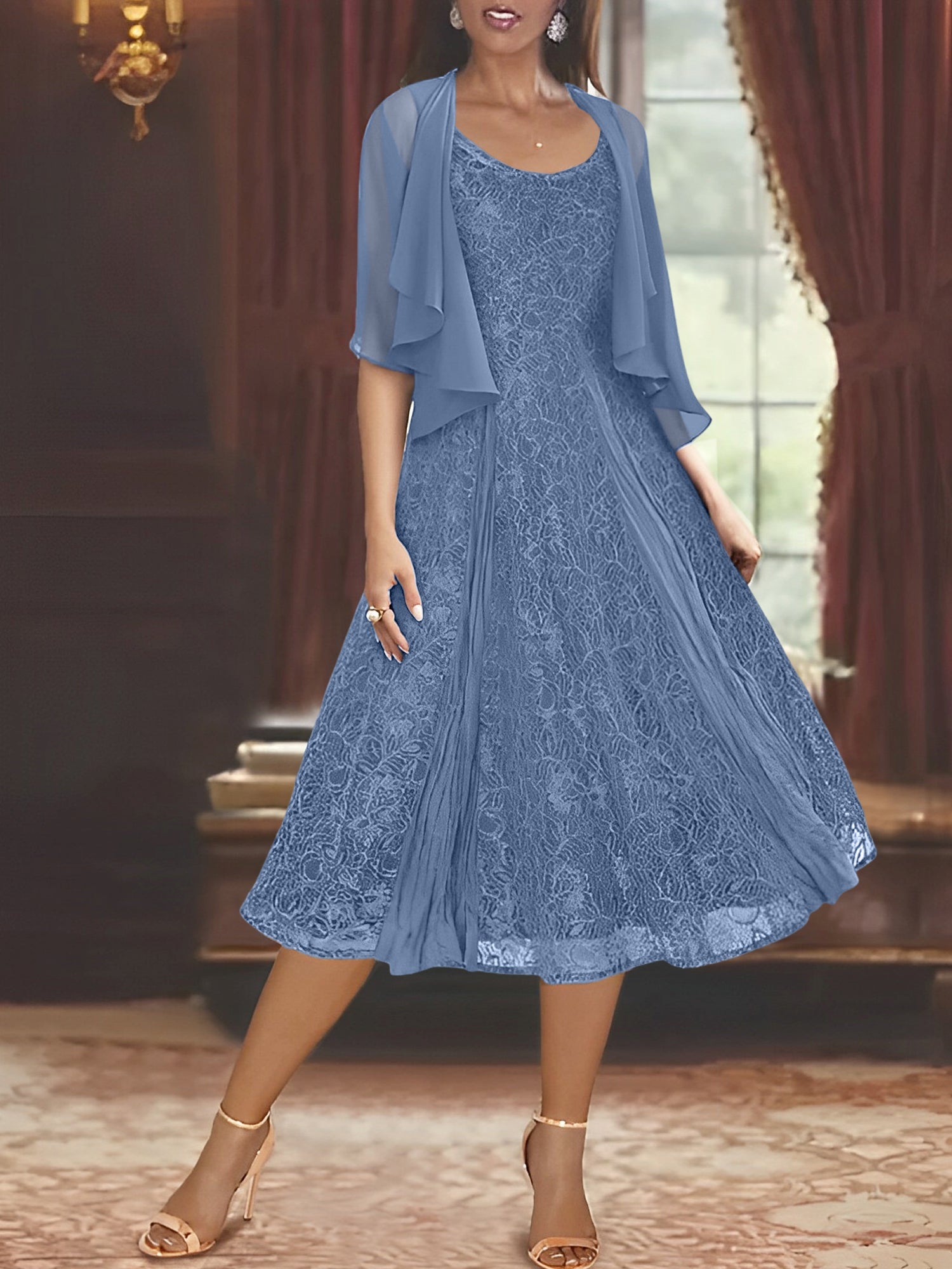 A Line Princess Scoop Half Sleeves Tea Length Mother Of The Bride Dresses With Appliques Wrap