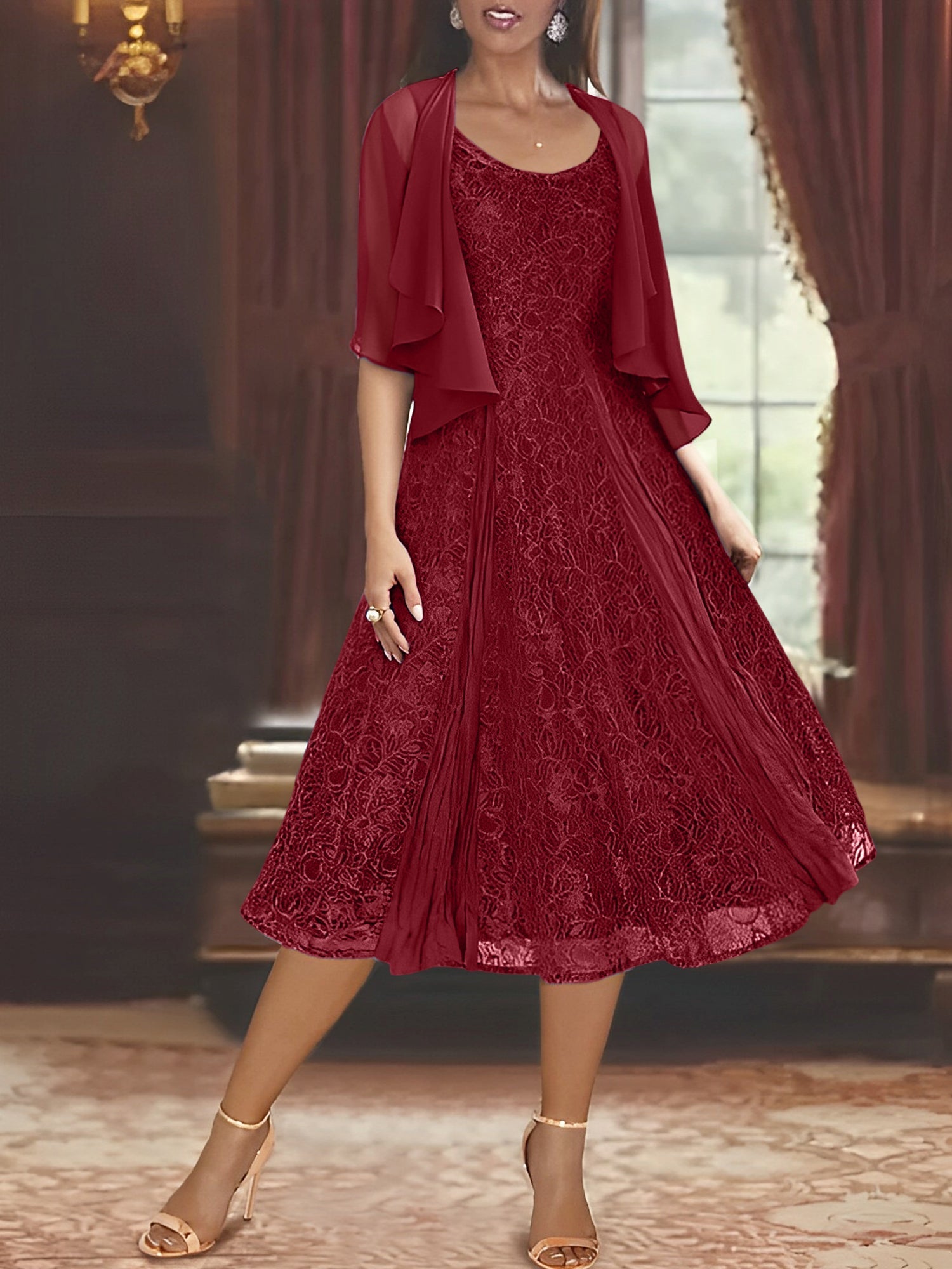 A Line Princess Scoop Half Sleeves Tea Length Mother Of The Bride Dresses With Appliques Wrap