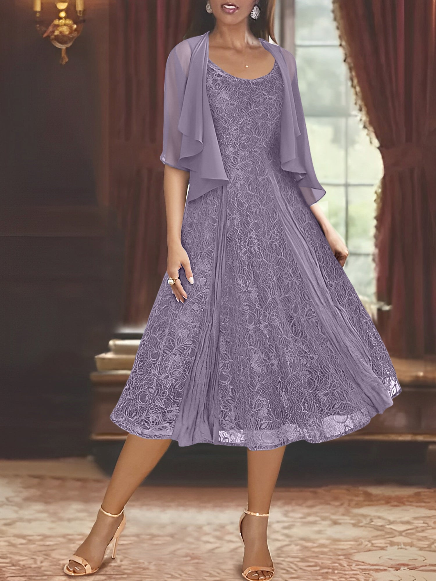 A Line Princess Scoop Half Sleeves Tea Length Mother Of The Bride Dresses With Appliques Wrap