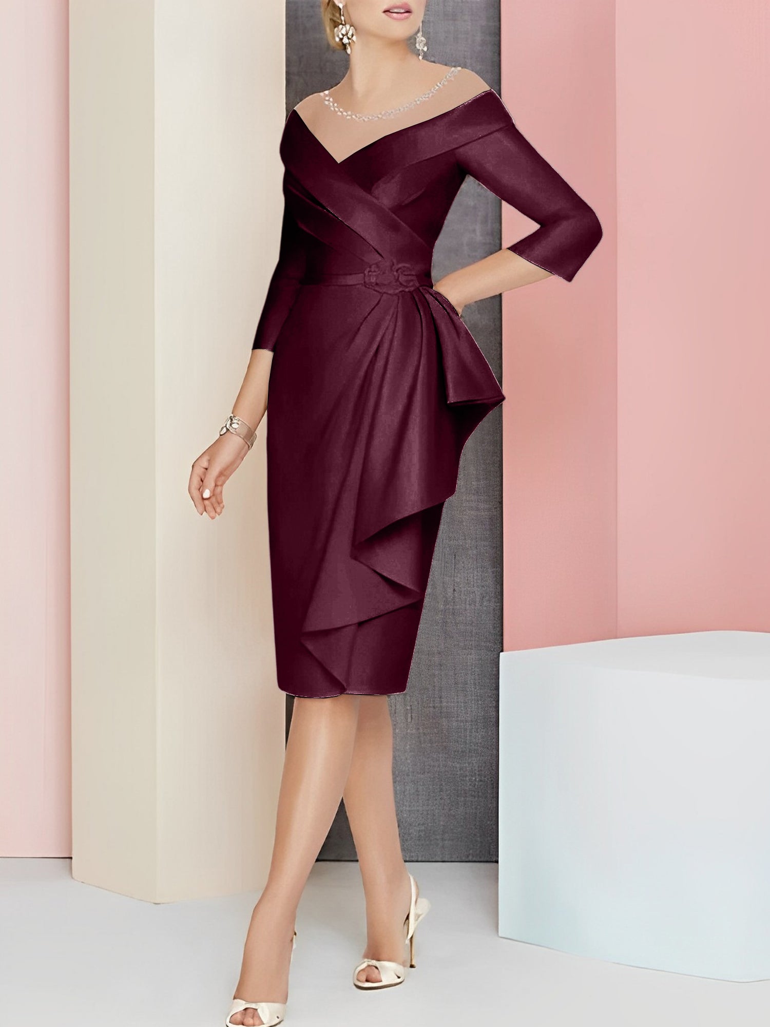 Sheath Column V Neck Knee Length Mother Of The Bride Dresses