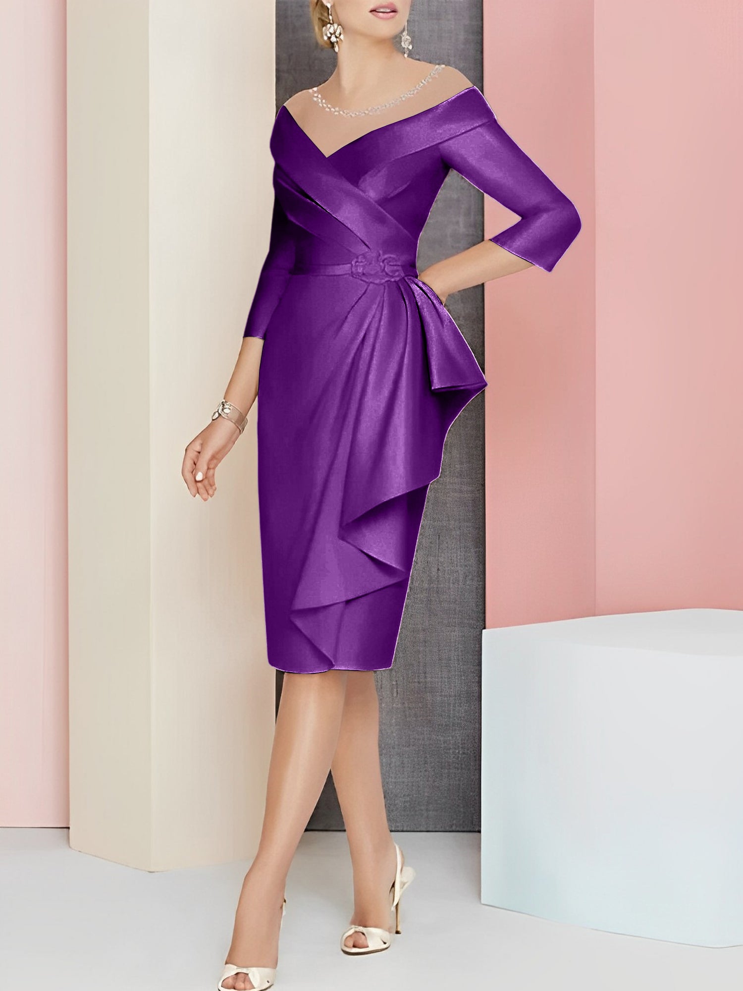 Sheath Column V Neck Knee Length Mother Of The Bride Dresses
