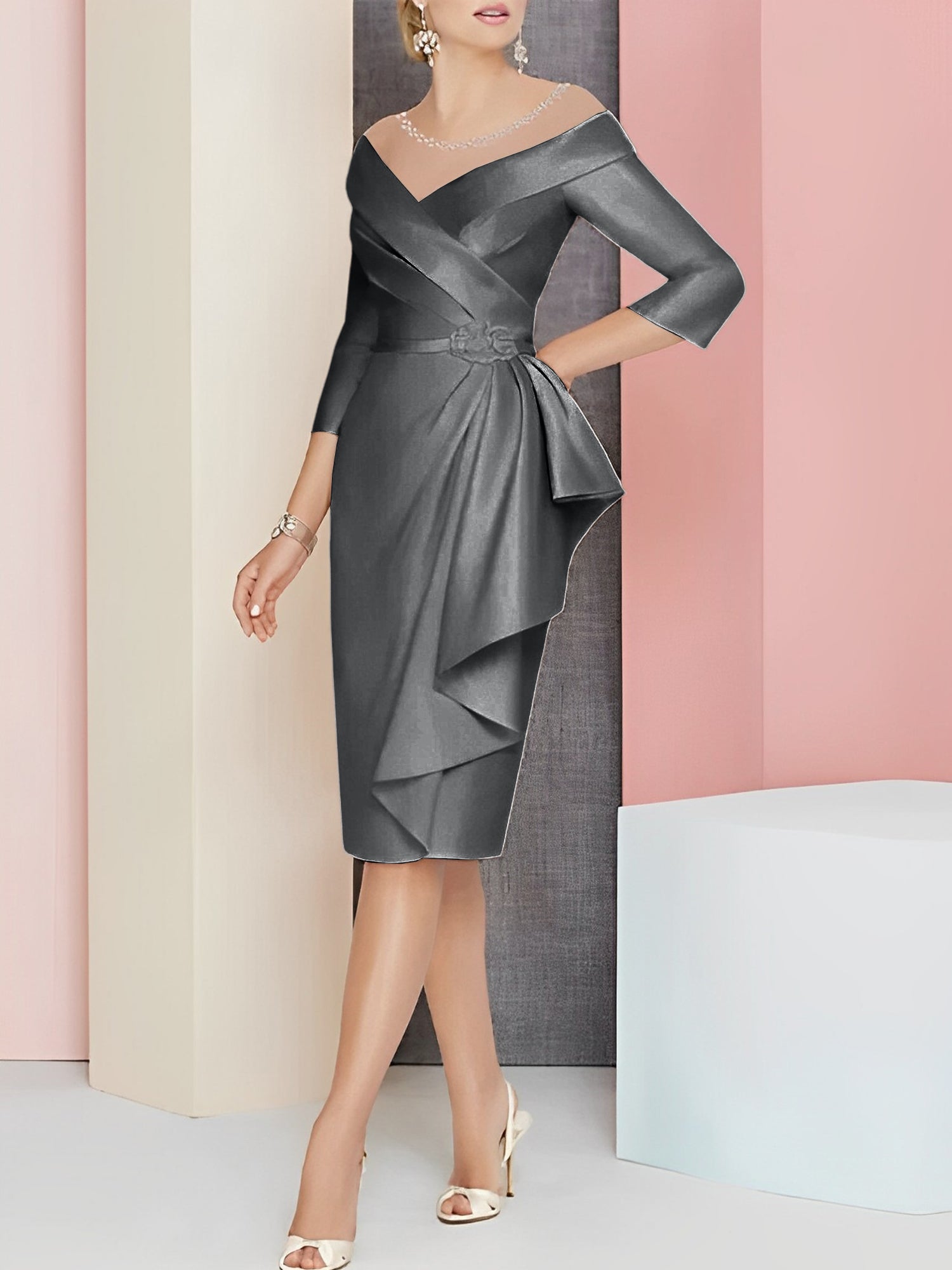 Sheath Column V Neck Knee Length Mother Of The Bride Dresses