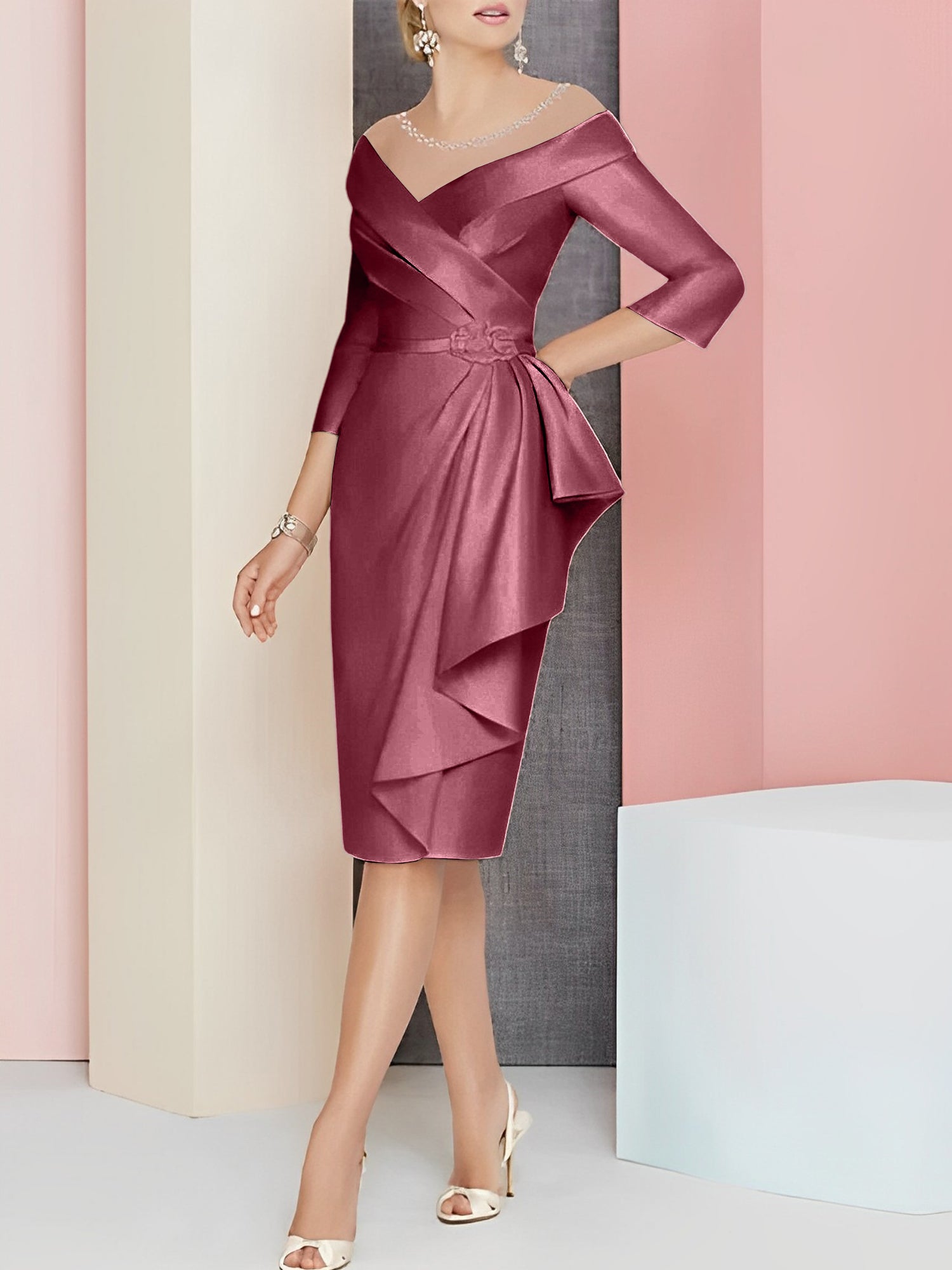 Sheath Column V Neck Knee Length Mother Of The Bride Dresses