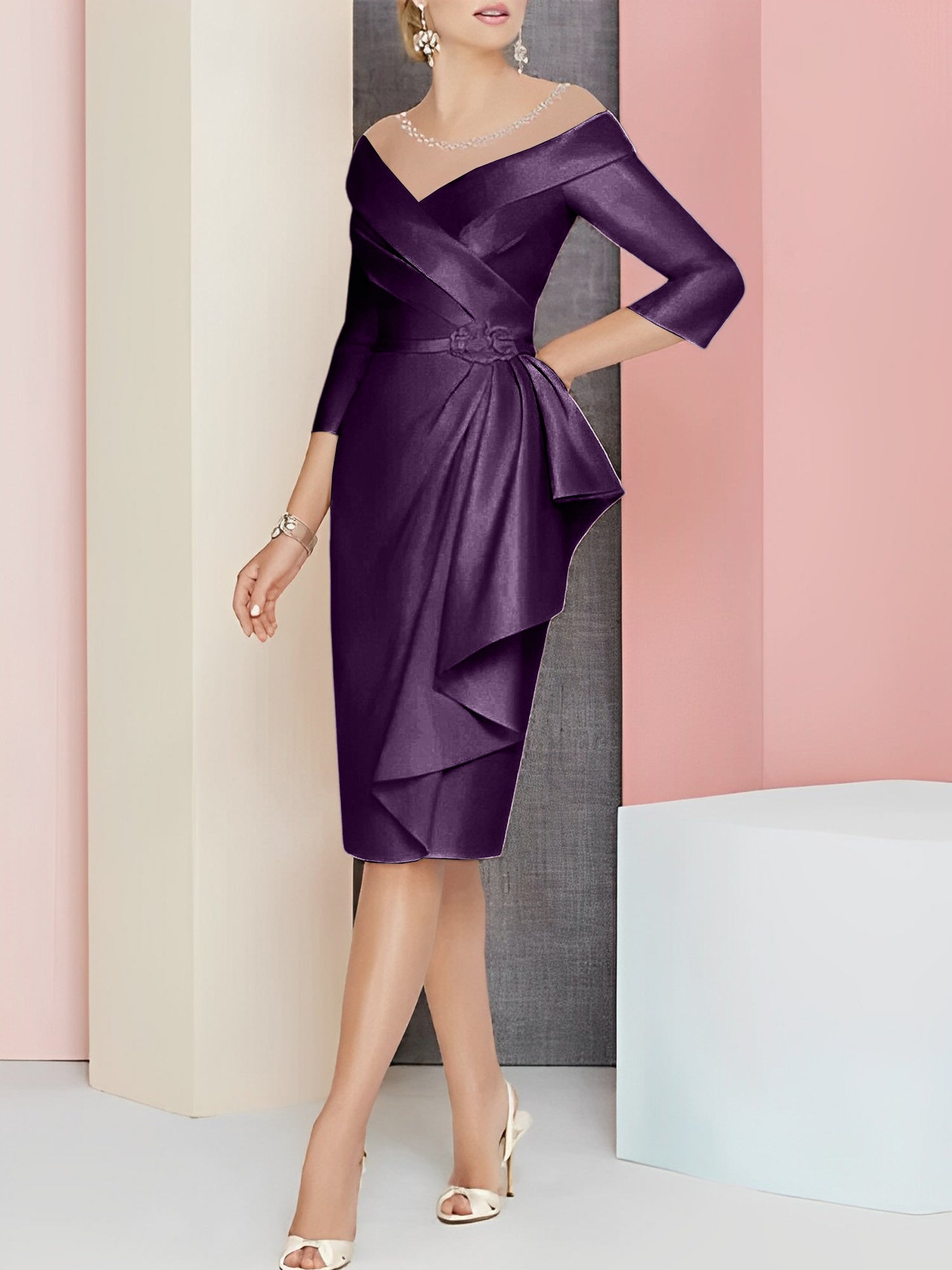 Sheath Column V Neck Knee Length Mother Of The Bride Dresses