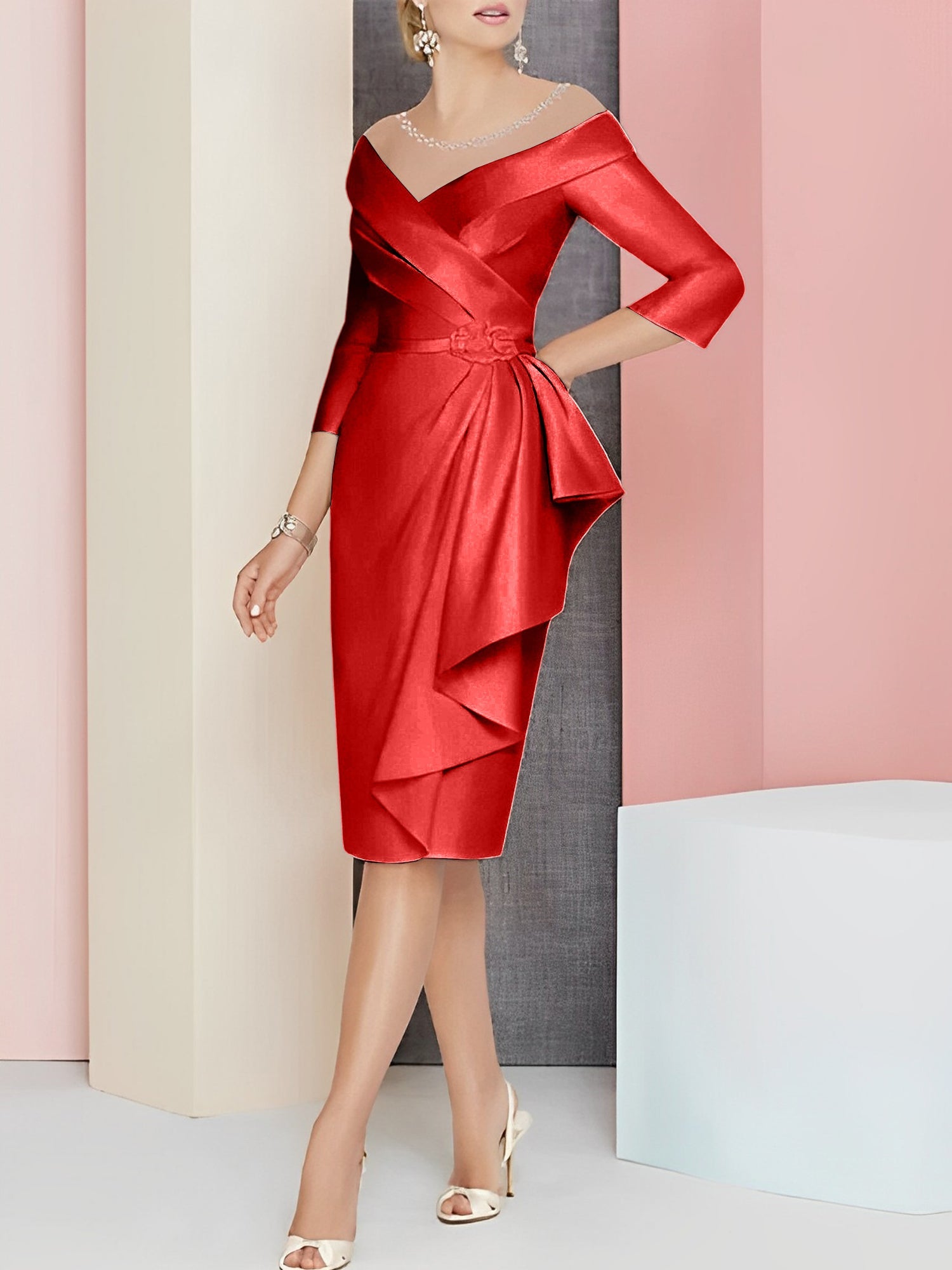 Sheath Column V Neck Knee Length Mother Of The Bride Dresses