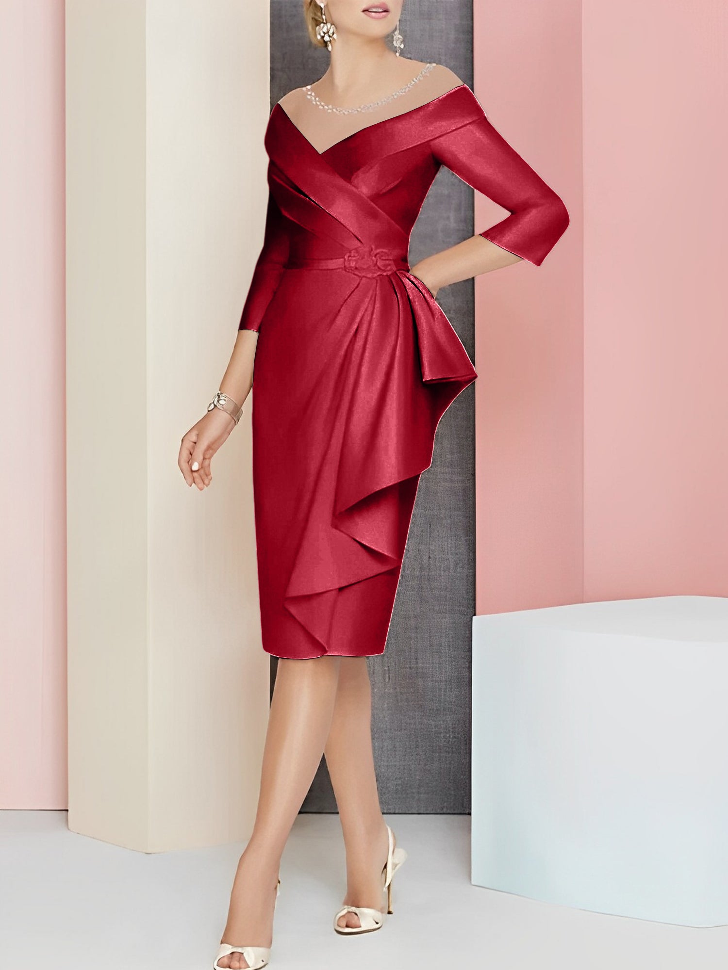 Sheath Column V Neck Knee Length Mother Of The Bride Dresses