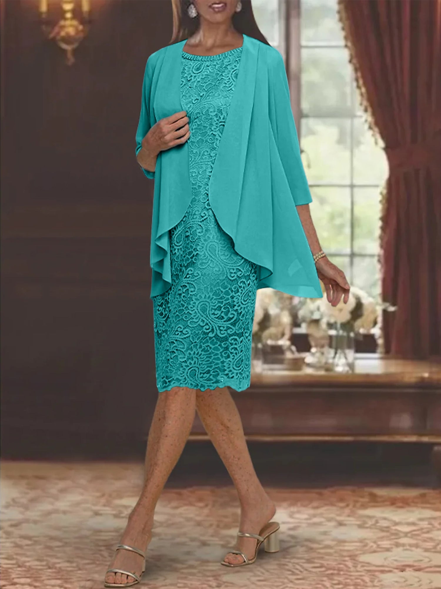 Sheath Column Jewel Neck Tea Length Mother Of The Bride Dresses