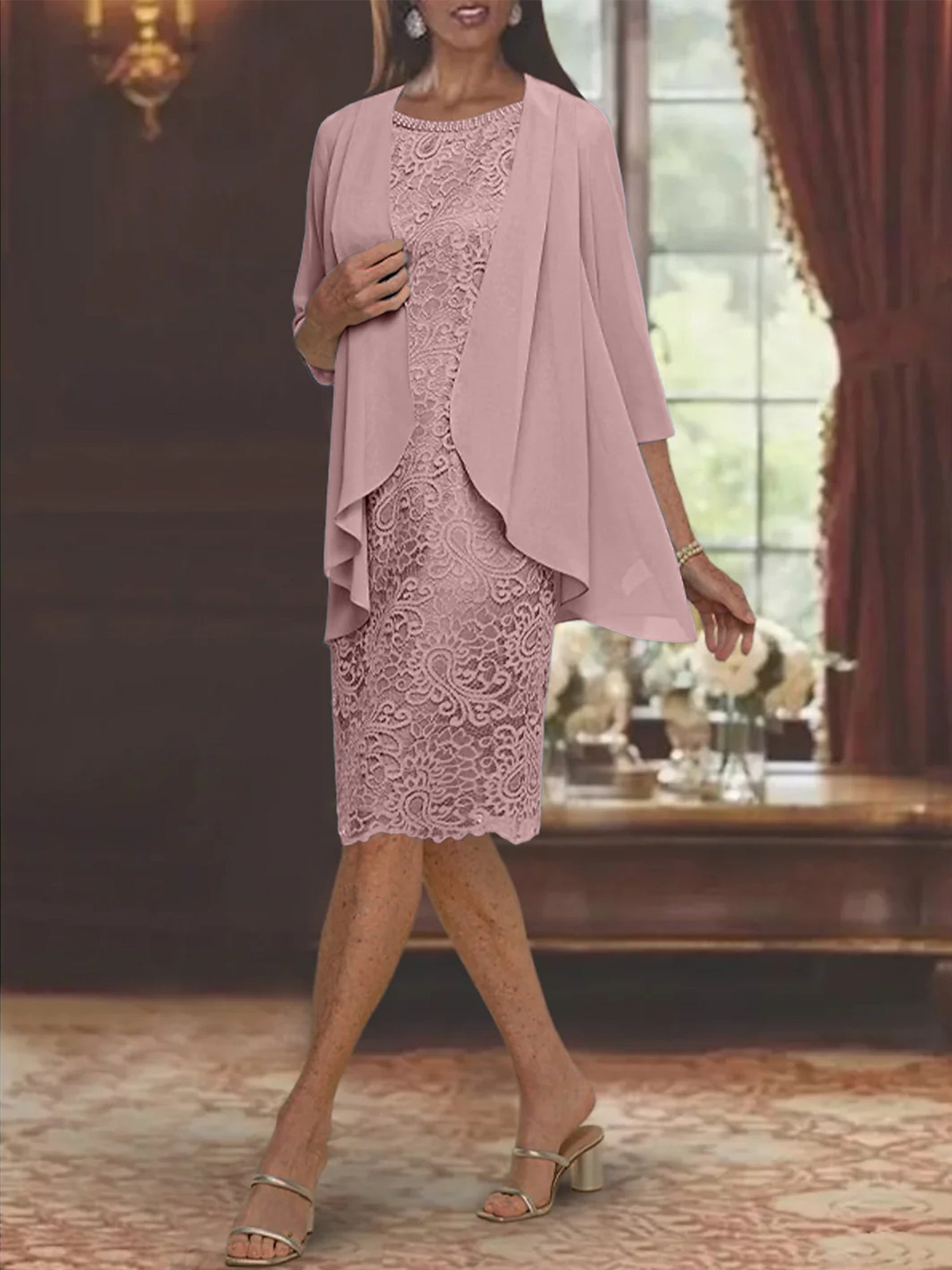 Sheath Column Jewel Neck Tea Length Mother Of The Bride Dresses