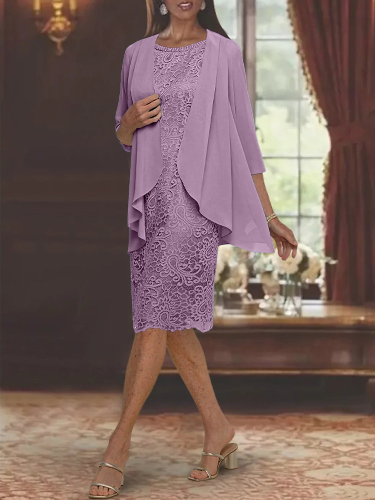 Sheath Column Jewel Neck Tea Length Mother Of The Bride Dresses