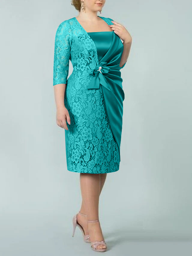 Sheath Column Square Neck Tea Length Mother Of The Bride Dresses