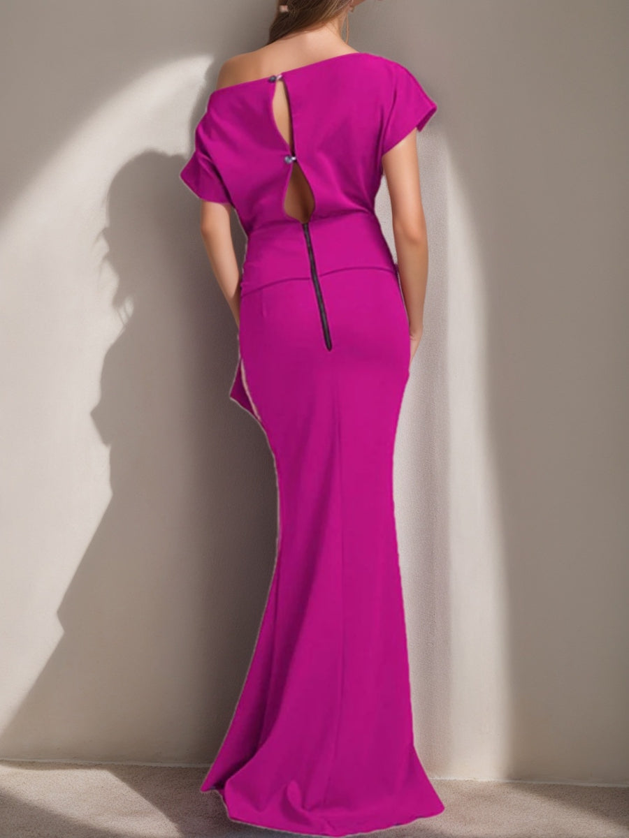 Trumpet Mermaid One Shoulder Short Sleeves Floor Length Mother Of The Bride Dresses With Ruffles Split Side