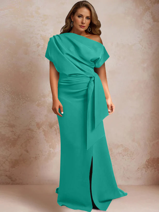 Trumpet Mermaid One Shoulder Short Sleeves Floor Length Plus Size Mother Of The Bride Dresses With Ruffles Split Side