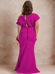 Trumpet Mermaid One Shoulder Short Sleeves Floor Length Plus Size Mother Of The Bride Dresses With Ruffles Split Side