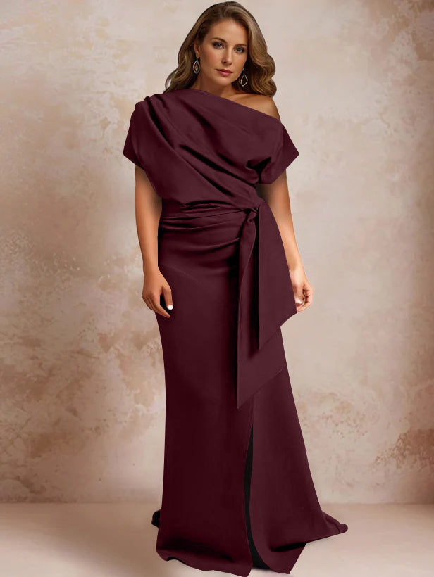 Trumpet Mermaid One Shoulder Short Sleeves Floor Length Plus Size Mother Of The Bride Dresses With Ruffles Split Side