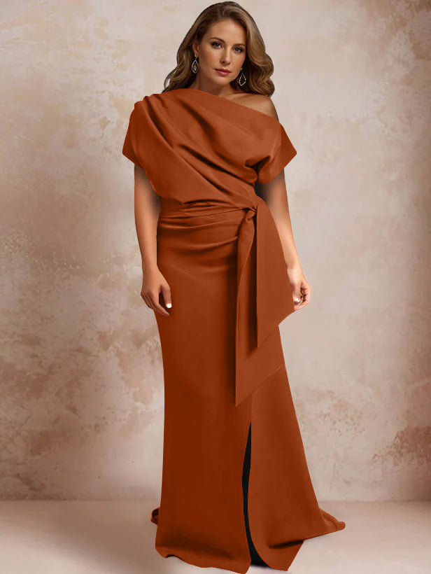 Trumpet Mermaid One Shoulder Short Sleeves Floor Length Plus Size Mother Of The Bride Dresses With Ruffles Split Side