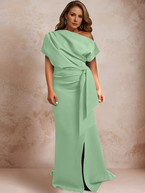 Trumpet Mermaid One Shoulder Short Sleeves Floor Length Plus Size Mother Of The Bride Dresses With Ruffles Split Side