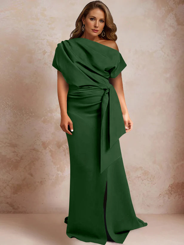 Trumpet Mermaid One Shoulder Short Sleeves Floor Length Plus Size Mother Of The Bride Dresses With Ruffles Split Side