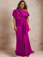 Trumpet Mermaid One Shoulder Short Sleeves Floor Length Mother Of The Bride Dresses With Ruffles Split Side