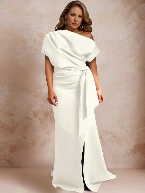 Trumpet Mermaid One Shoulder Short Sleeves Floor Length Plus Size Mother Of The Bride Dresses With Ruffles Split Side