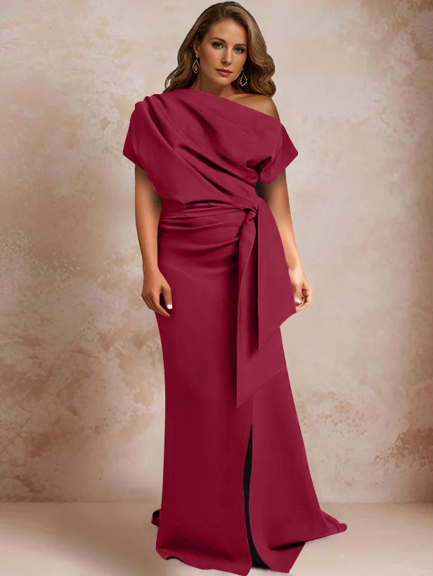 Trumpet Mermaid One Shoulder Short Sleeves Floor Length Plus Size Mother Of The Bride Dresses With Ruffles Split Side