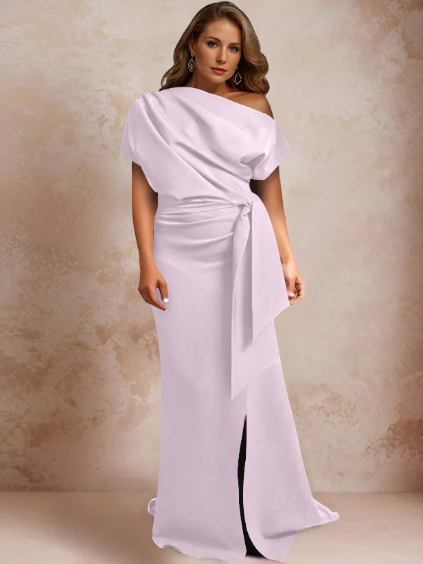 Trumpet Mermaid One Shoulder Short Sleeves Floor Length Plus Size Mother Of The Bride Dresses With Ruffles Split Side