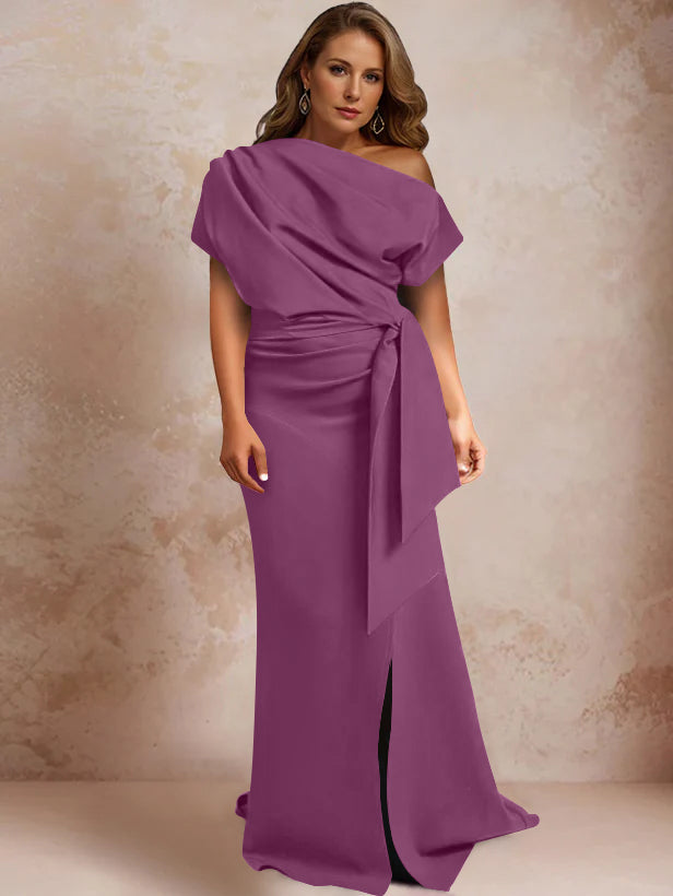 Trumpet Mermaid One Shoulder Short Sleeves Floor Length Plus Size Mother Of The Bride Dresses With Ruffles Split Side