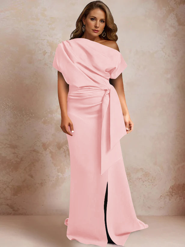 Trumpet Mermaid One Shoulder Short Sleeves Floor Length Plus Size Mother Of The Bride Dresses With Ruffles Split Side