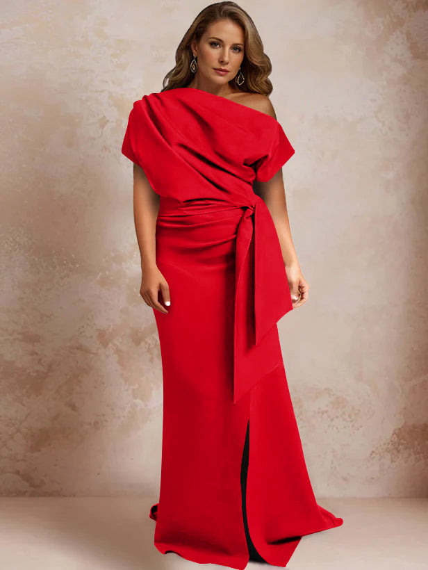 Trumpet Mermaid One Shoulder Short Sleeves Floor Length Plus Size Mother Of The Bride Dresses With Ruffles Split Side