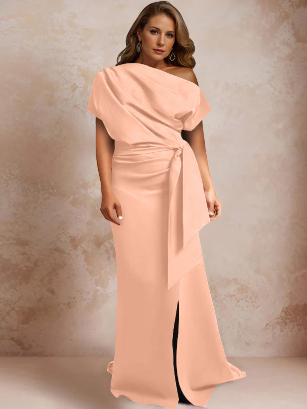 Trumpet Mermaid One Shoulder Short Sleeves Floor Length Plus Size Mother Of The Bride Dresses With Ruffles Split Side