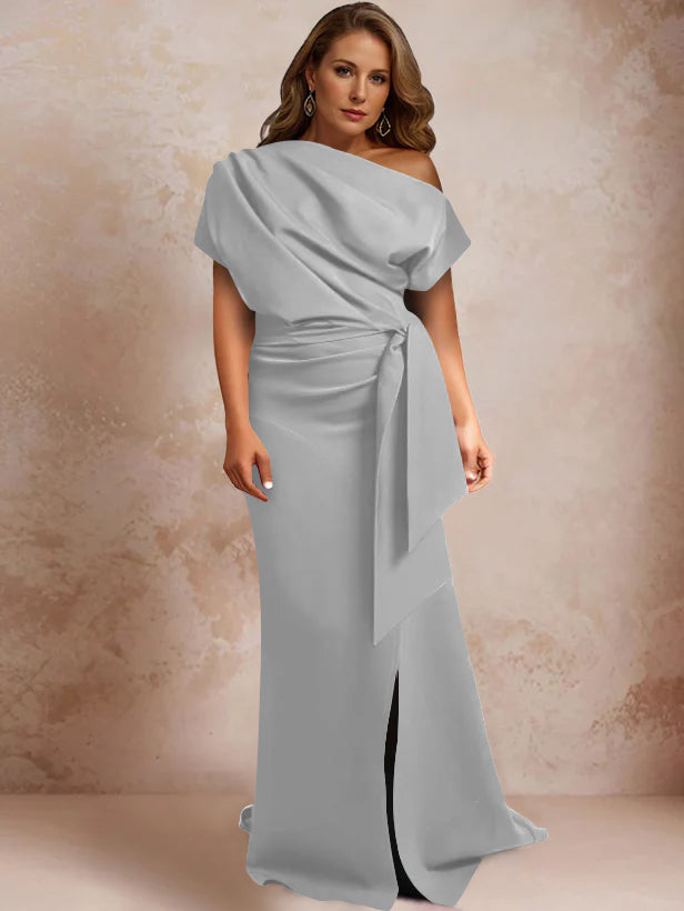 Trumpet Mermaid One Shoulder Short Sleeves Floor Length Plus Size Mother Of The Bride Dresses With Ruffles Split Side