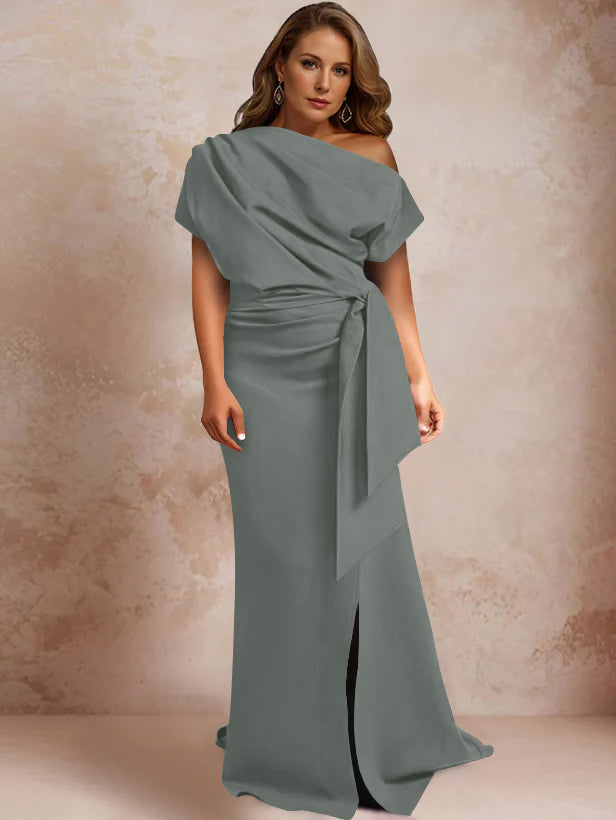 Trumpet Mermaid One Shoulder Short Sleeves Floor Length Plus Size Mother Of The Bride Dresses With Ruffles Split Side