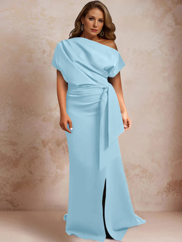 Trumpet Mermaid One Shoulder Short Sleeves Floor Length Plus Size Mother Of The Bride Dresses With Ruffles Split Side