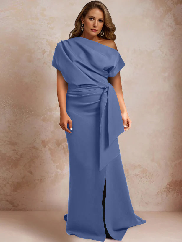 Trumpet Mermaid One Shoulder Short Sleeves Floor Length Plus Size Mother Of The Bride Dresses With Ruffles Split Side