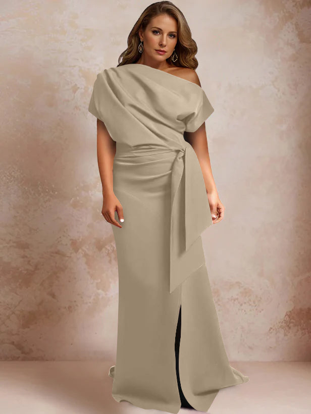 Trumpet Mermaid One Shoulder Short Sleeves Floor Length Plus Size Mother Of The Bride Dresses With Ruffles Split Side