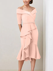 Sheath Column Off The Shoulder Half Sleeves Mother Of The Bride Dresses With Beading Ruffles