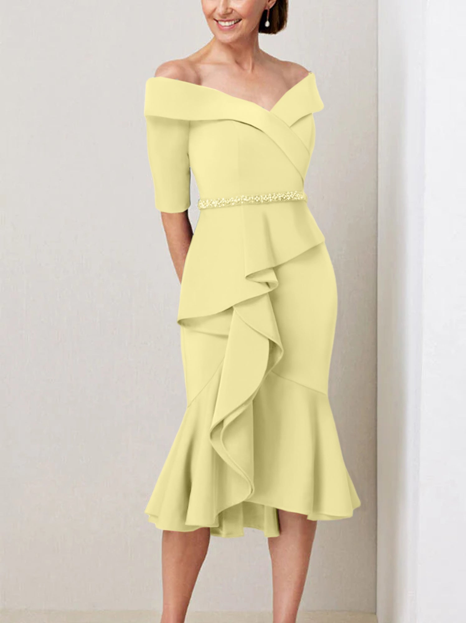 Sheath Column Off The Shoulder Half Sleeves Mother Of The Bride Dresses With Beading Ruffles