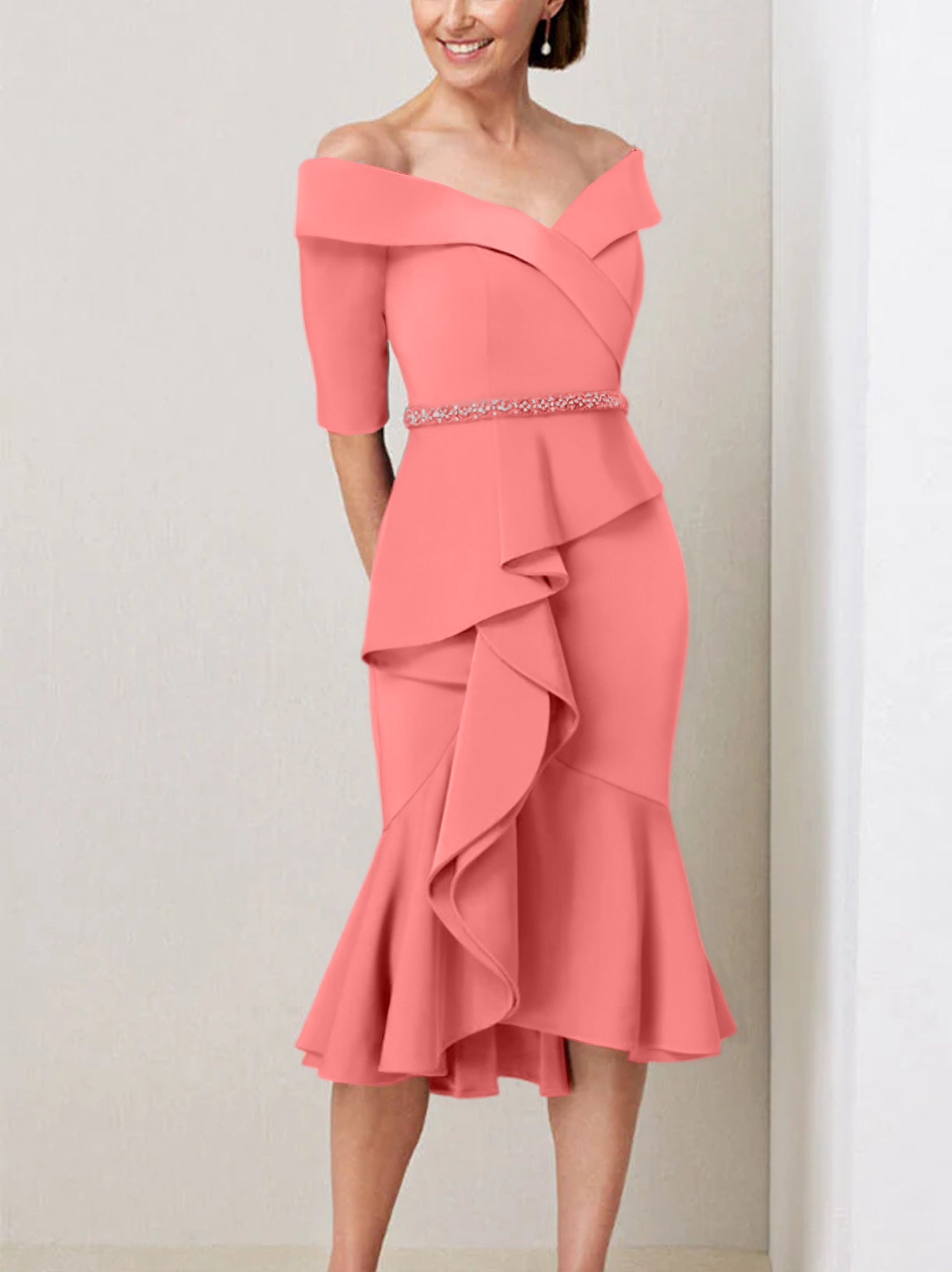 Sheath Column Off The Shoulder Half Sleeves Mother Of The Bride Dresses With Beading Ruffles