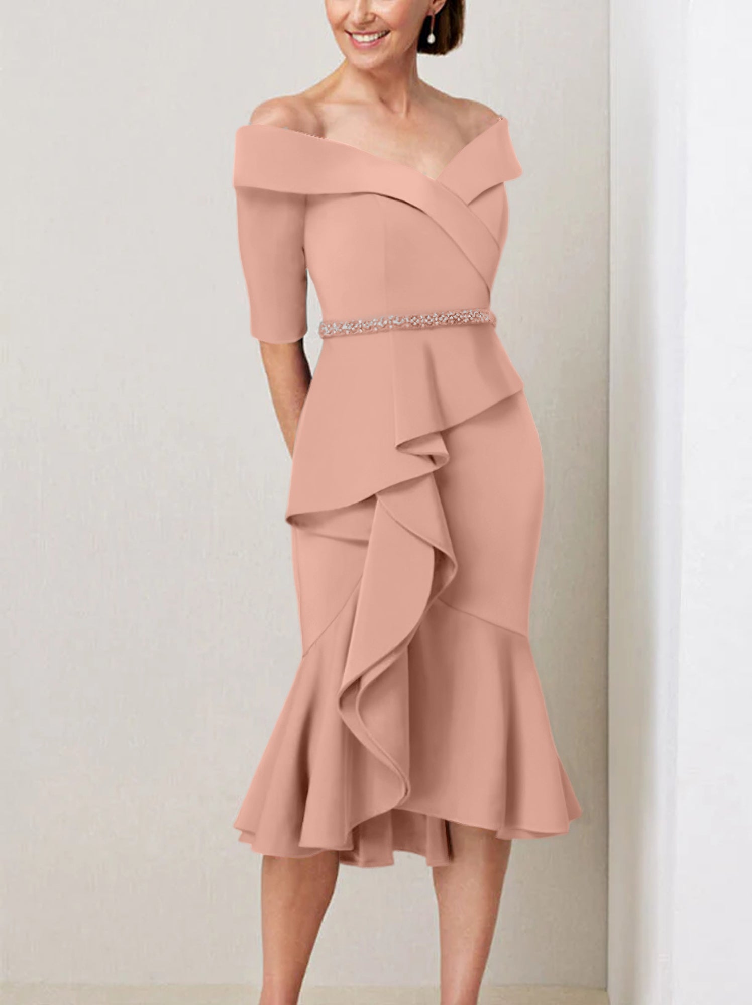 Sheath Column Off The Shoulder Half Sleeves Mother Of The Bride Dresses With Beading Ruffles