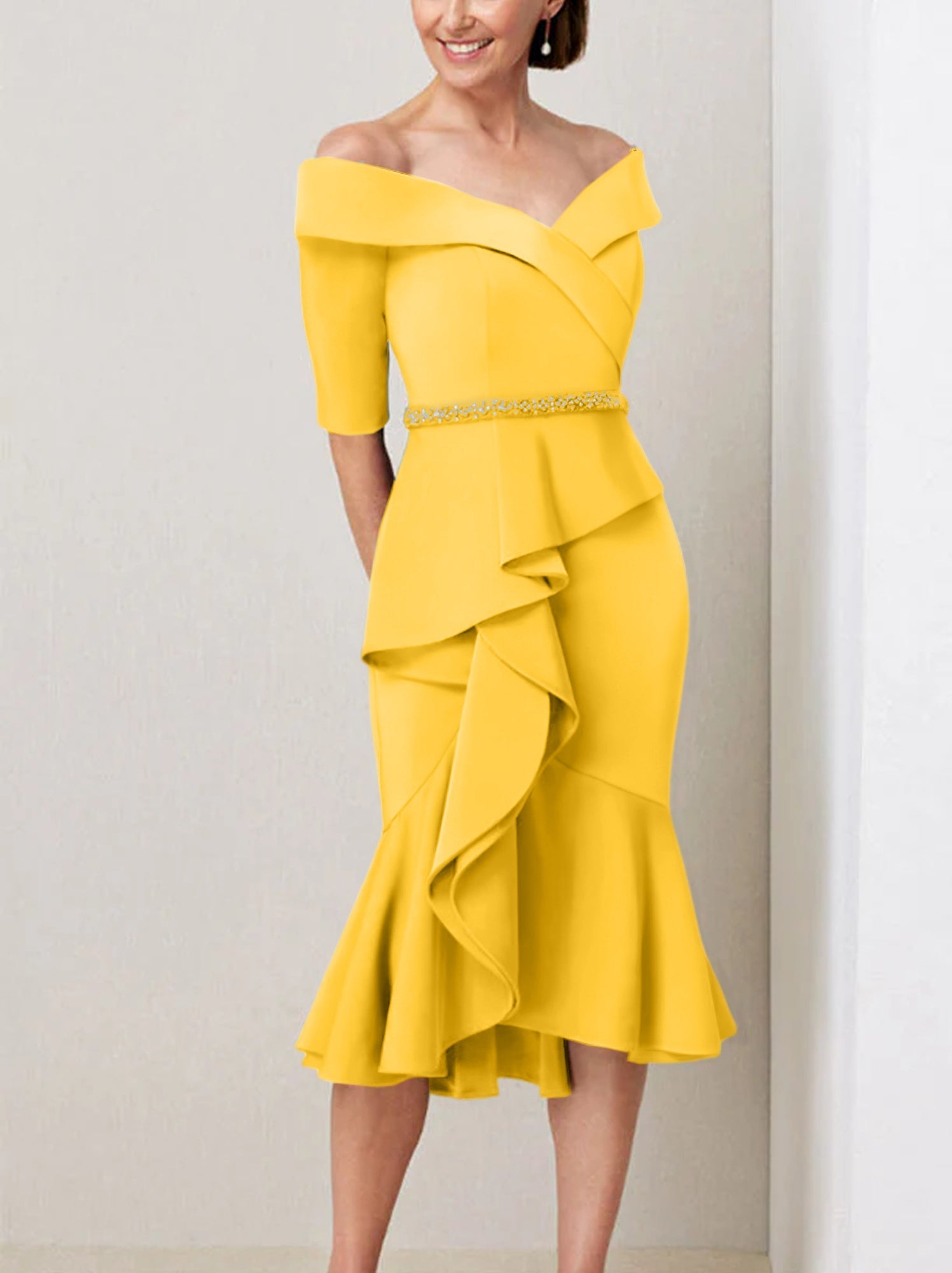 Sheath Column Off The Shoulder Half Sleeves Mother Of The Bride Dresses With Beading Ruffles