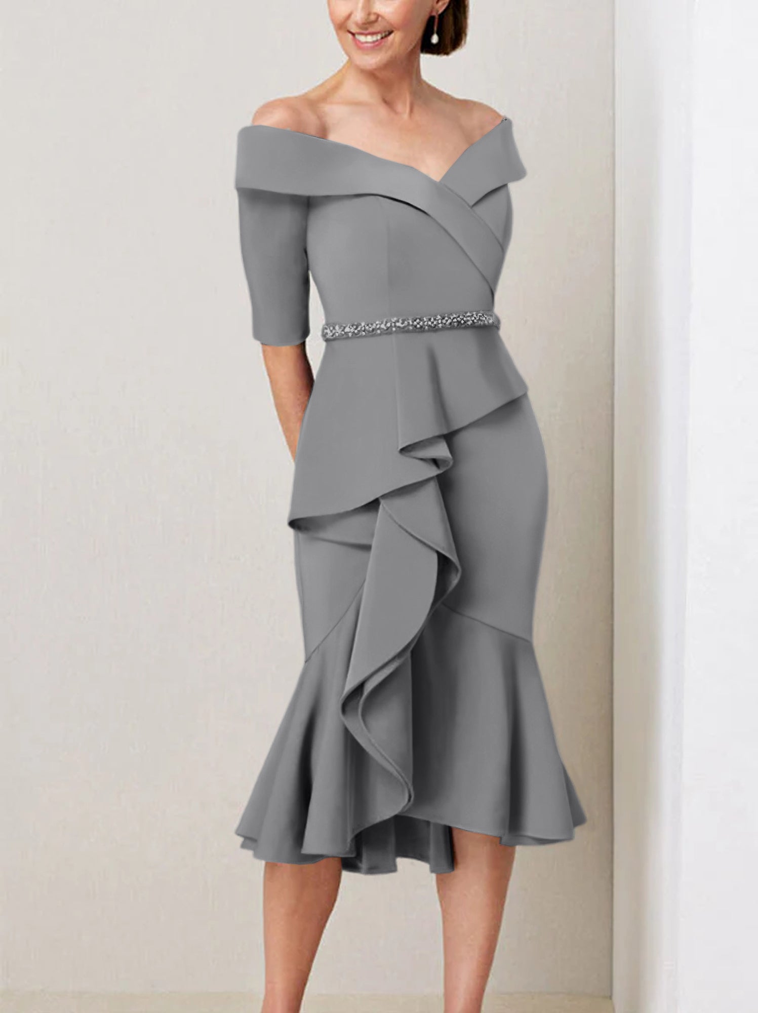 Sheath Column Off The Shoulder Half Sleeves Mother Of The Bride Dresses With Beading Ruffles