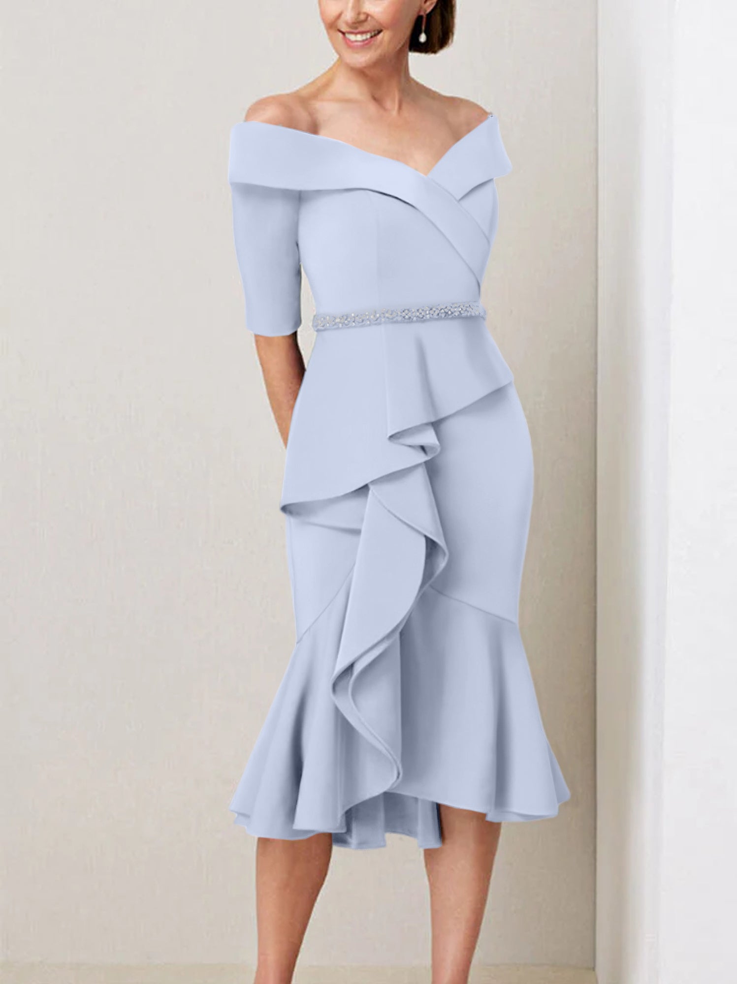 Sheath Column Off The Shoulder Half Sleeves Mother Of The Bride Dresses With Beading Ruffles