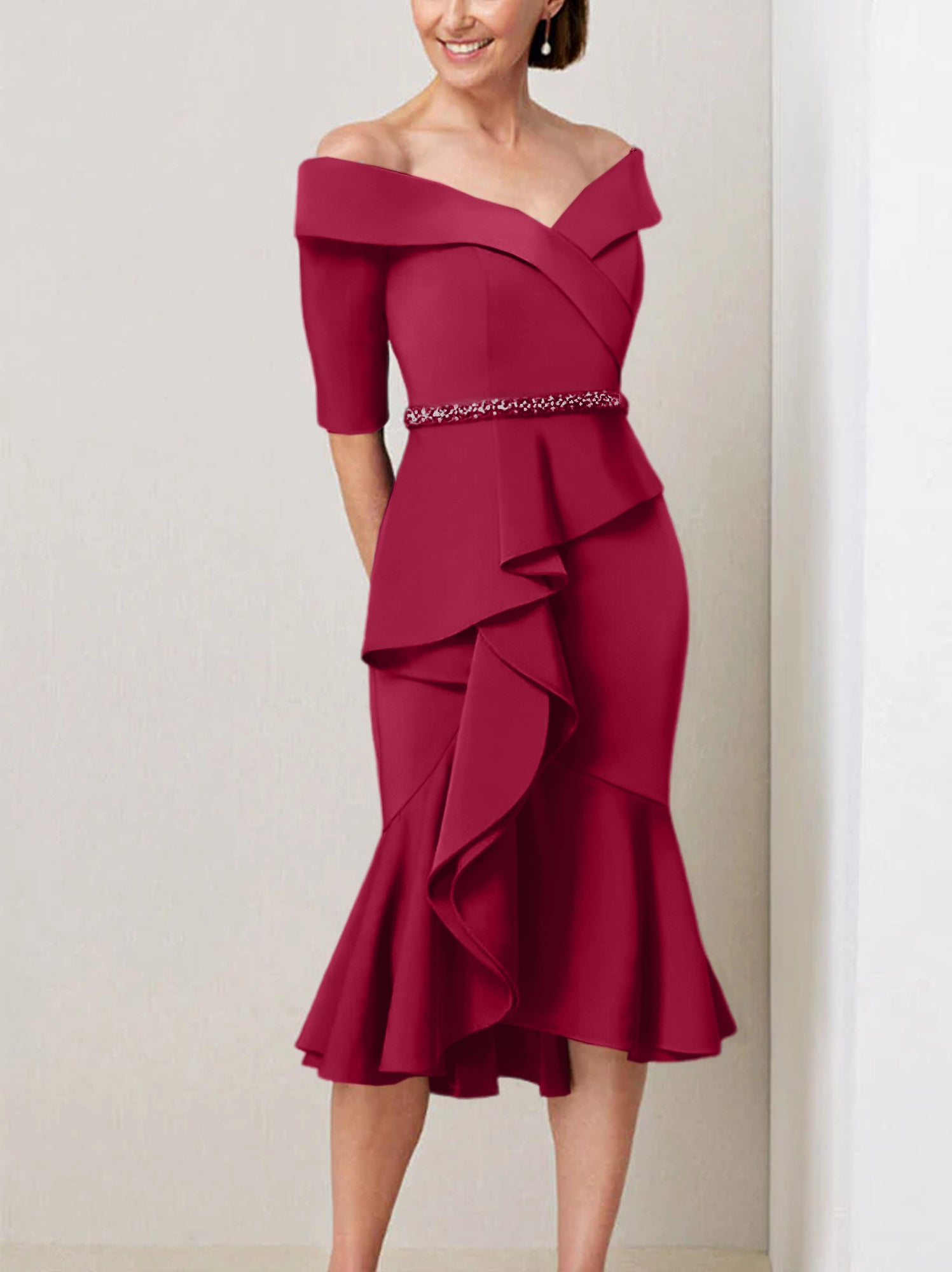 Sheath Column Off The Shoulder Half Sleeves Mother Of The Bride Dresses With Beading Ruffles