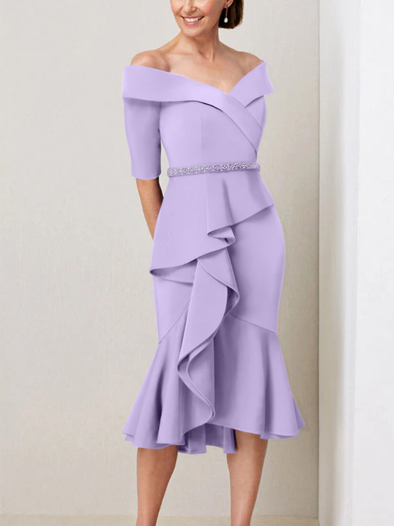 Sheath Column Off The Shoulder Half Sleeves Mother Of The Bride Dresses With Beading Ruffles