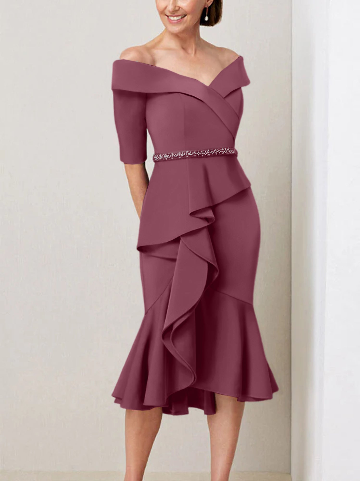 Sheath Column Off The Shoulder Half Sleeves Mother Of The Bride Dresses With Beading Ruffles