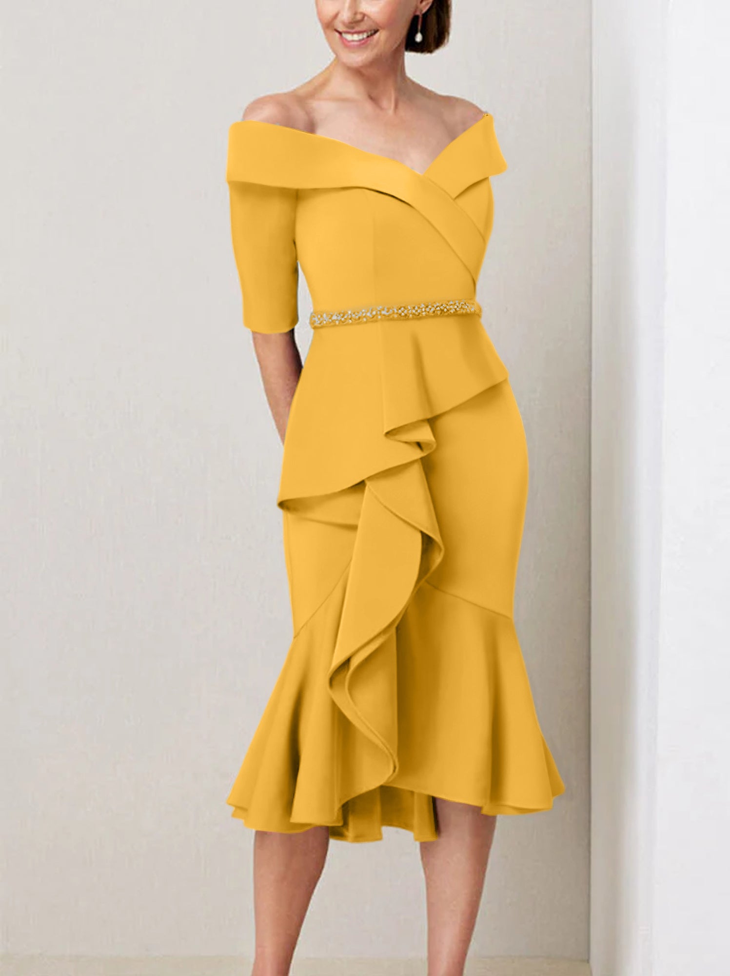 Sheath Column Off The Shoulder Half Sleeves Mother Of The Bride Dresses With Beading Ruffles
